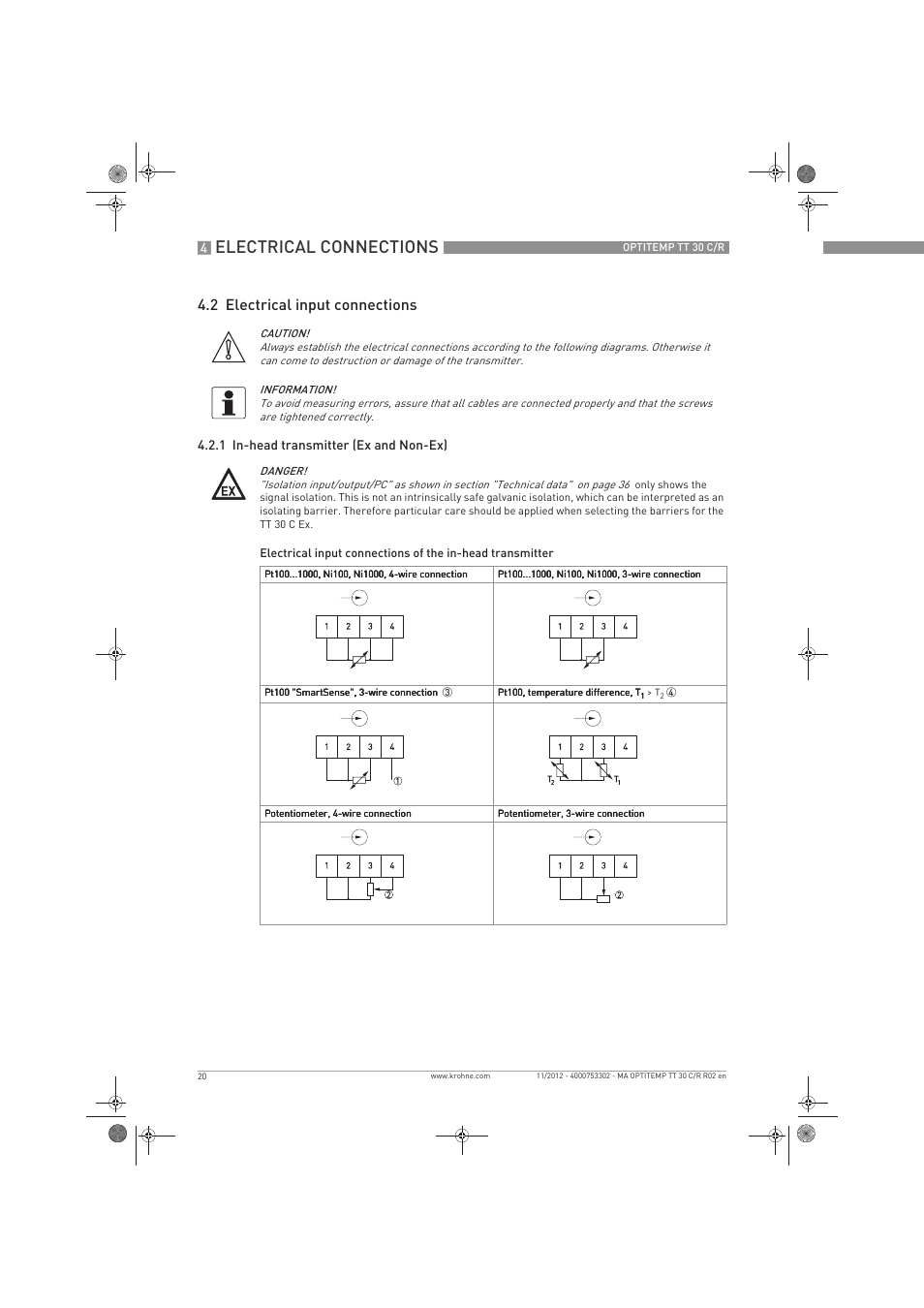 Electrical connections, 2 electrical input connections | KROHNE OPTITEMP TT 30 C-R EN User Manual | Page 20 / 48