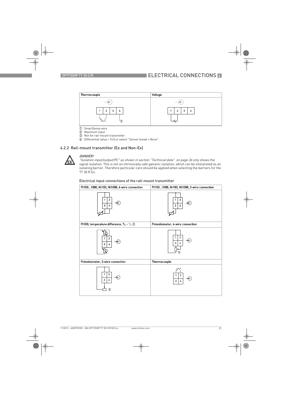 Electrical connections | KROHNE OPTITEMP TT 30 C-R EN User Manual | Page 21 / 48