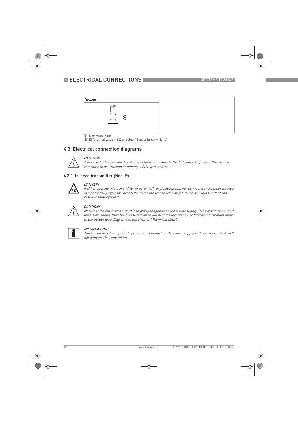 Electrical connections, 3 electrical connection diagrams | KROHNE OPTITEMP TT 30 C-R EN User Manual | Page 22 / 48