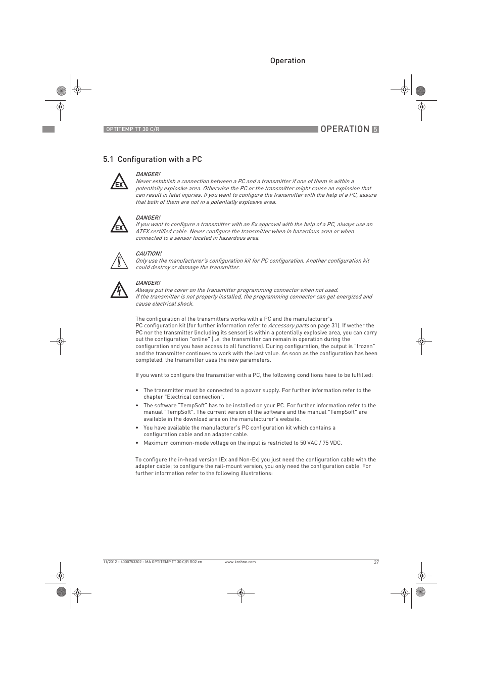 Operation, Operation 5.1 configuration with a pc | KROHNE OPTITEMP TT 30 C-R EN User Manual | Page 27 / 48