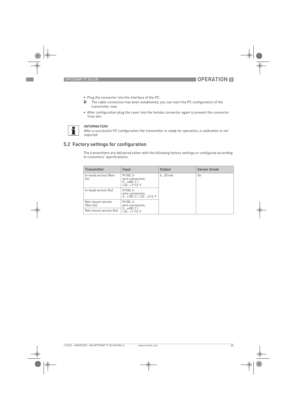 Operation, 2 factory settings for configuration | KROHNE OPTITEMP TT 30 C-R EN User Manual | Page 29 / 48