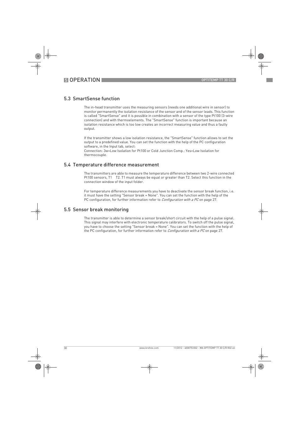 Operation, 3 smartsense function, 4 temperature difference measurement | 5 sensor break monitoring | KROHNE OPTITEMP TT 30 C-R EN User Manual | Page 30 / 48