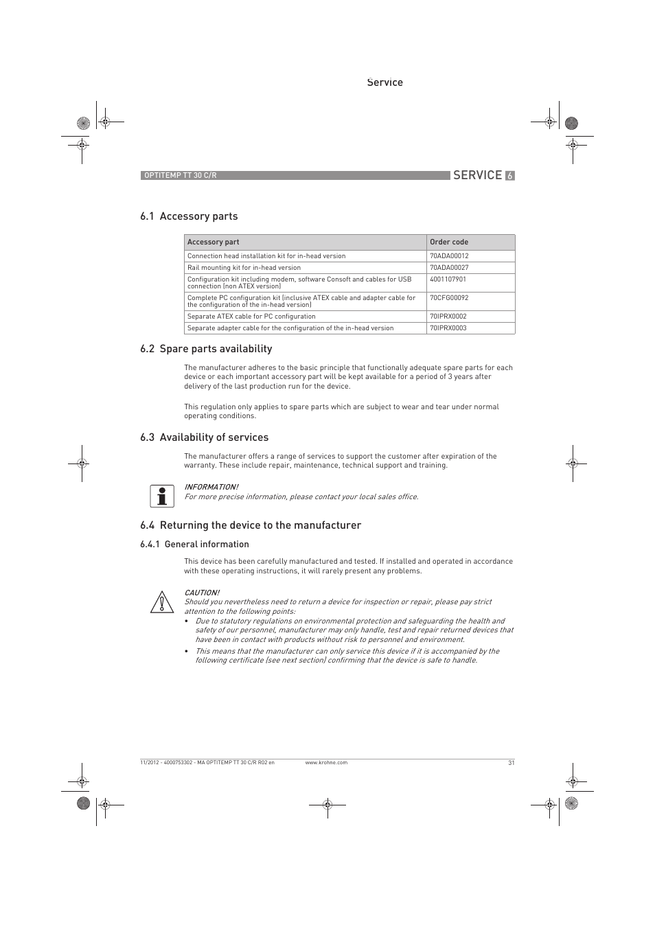 Service, 3 availability of services, 4 returning the device to the manufacturer | KROHNE OPTITEMP TT 30 C-R EN User Manual | Page 31 / 48