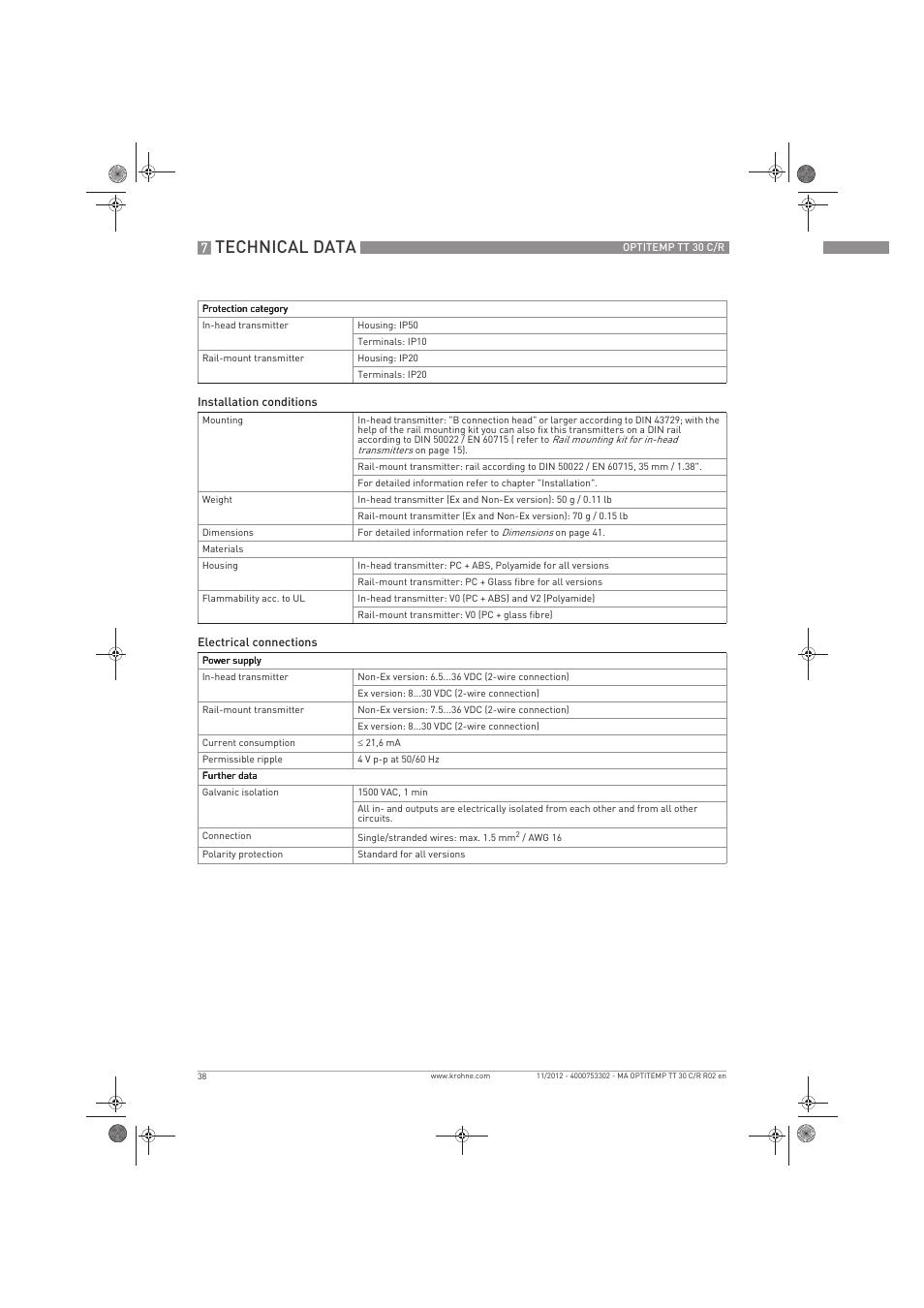 Technical data | KROHNE OPTITEMP TT 30 C-R EN User Manual | Page 38 / 48