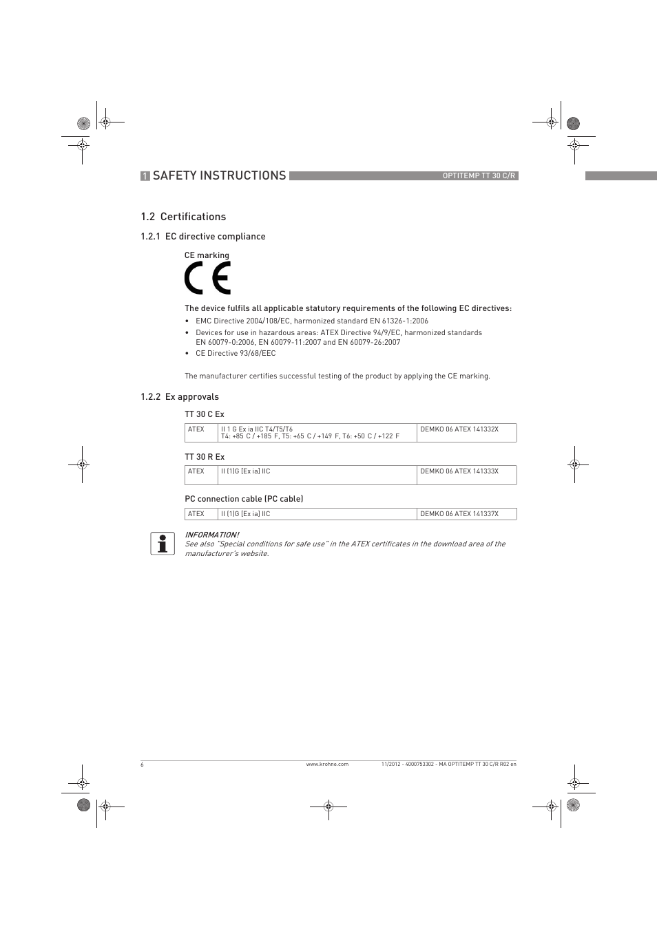 Safety instructions, 2 certifications | KROHNE OPTITEMP TT 30 C-R EN User Manual | Page 6 / 48