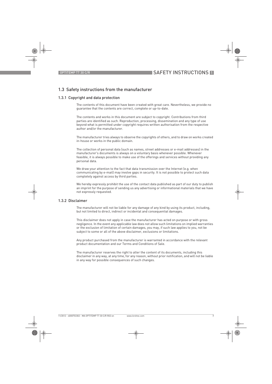 Safety instructions, 3 safety instructions from the manufacturer | KROHNE OPTITEMP TT 30 C-R EN User Manual | Page 7 / 48