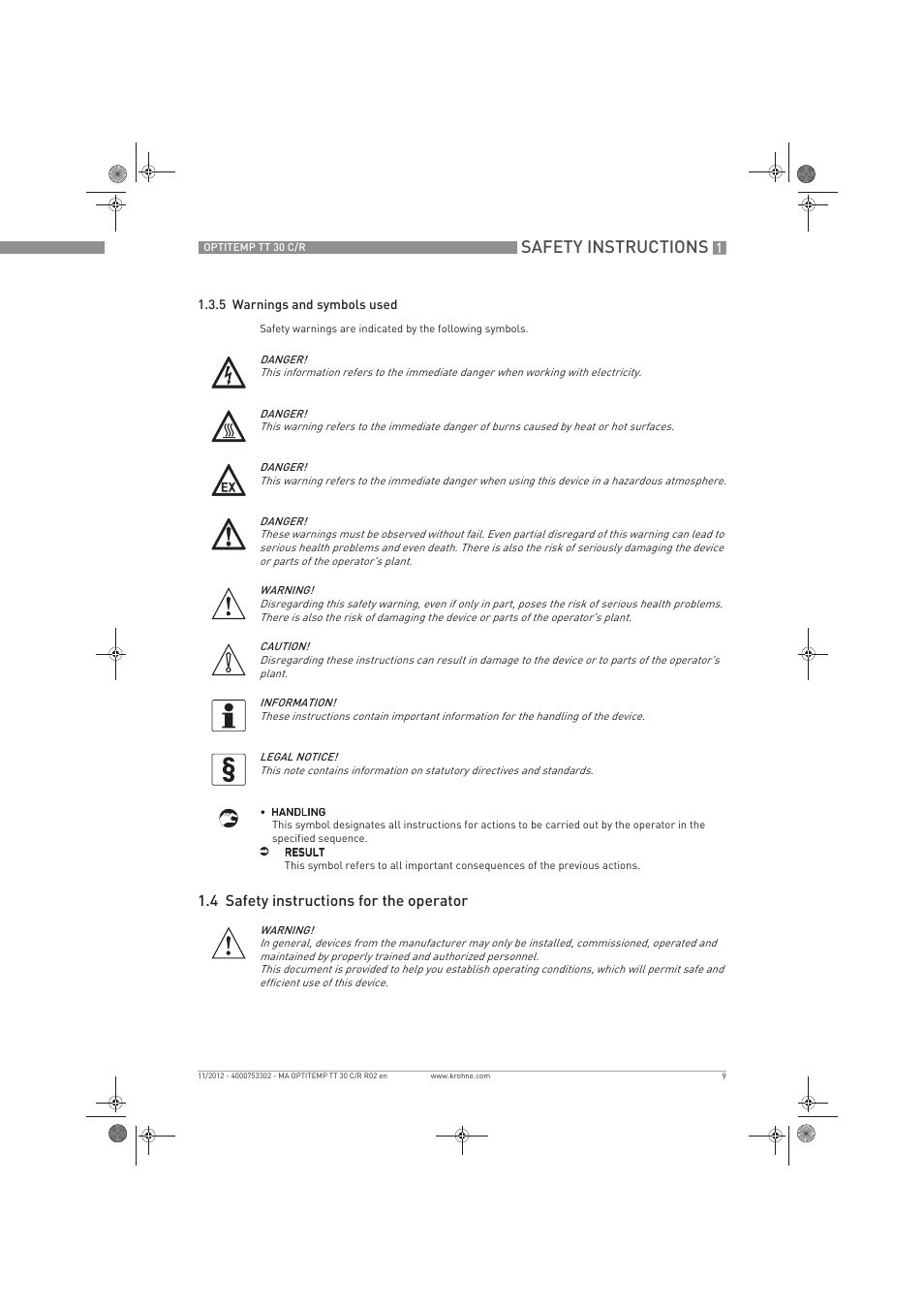 Safety instructions, 4 safety instructions for the operator | KROHNE OPTITEMP TT 30 C-R EN User Manual | Page 9 / 48