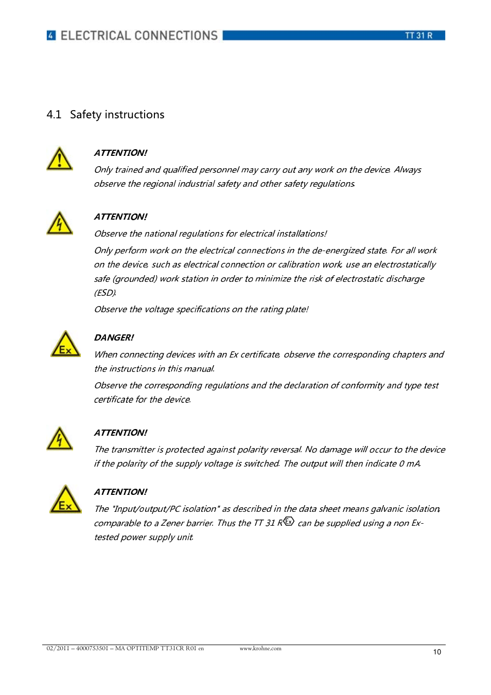 Attention, Danger | KROHNE OPTITEMP TT 31 R EN User Manual | Page 10 / 28