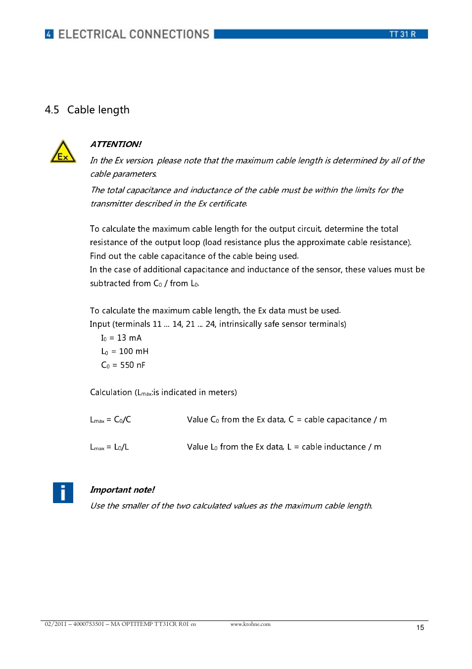 Attention | KROHNE OPTITEMP TT 31 R EN User Manual | Page 15 / 28