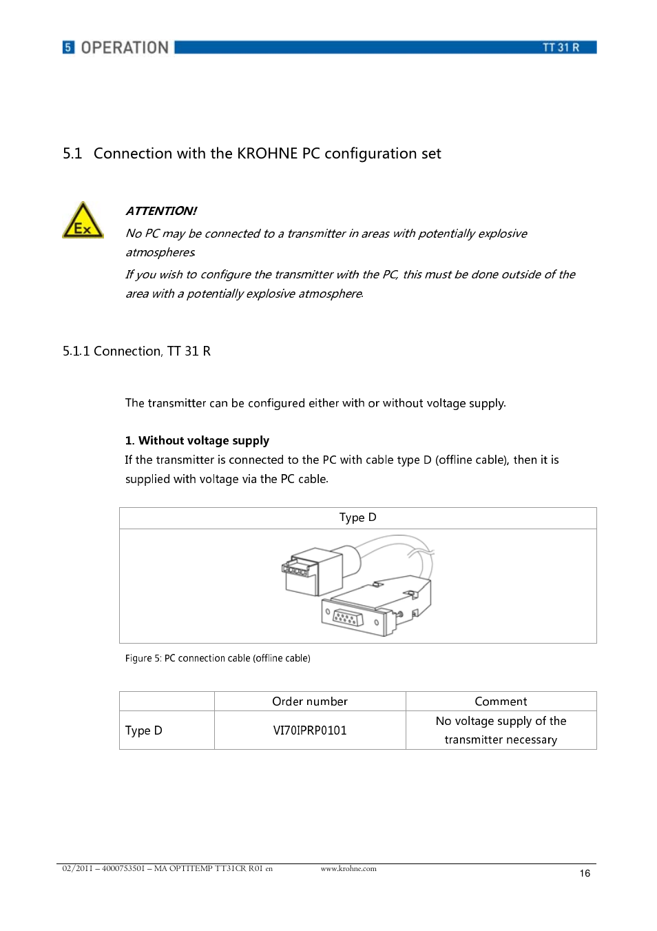 Connection, tt 31 r, Attention, Without voltage supply | KROHNE OPTITEMP TT 31 R EN User Manual | Page 16 / 28