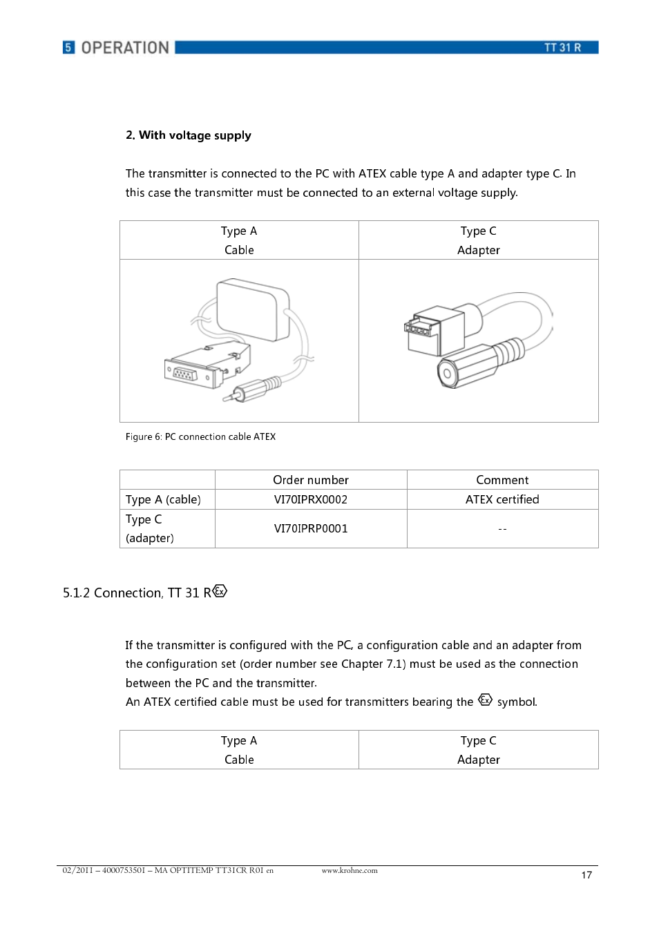 Connection, tt 31 r, With voltage supply | KROHNE OPTITEMP TT 31 R EN User Manual | Page 17 / 28