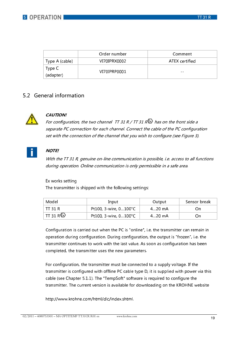 Caution | KROHNE OPTITEMP TT 31 R EN User Manual | Page 19 / 28