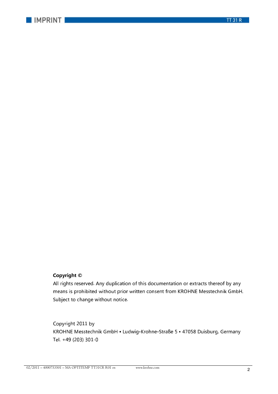 Copyright, All rights reserved | KROHNE OPTITEMP TT 31 R EN User Manual | Page 2 / 28