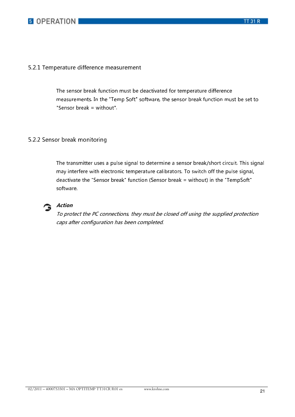 Temperature difference measurement, Sensor break monitoring, Action | KROHNE OPTITEMP TT 31 R EN User Manual | Page 21 / 28