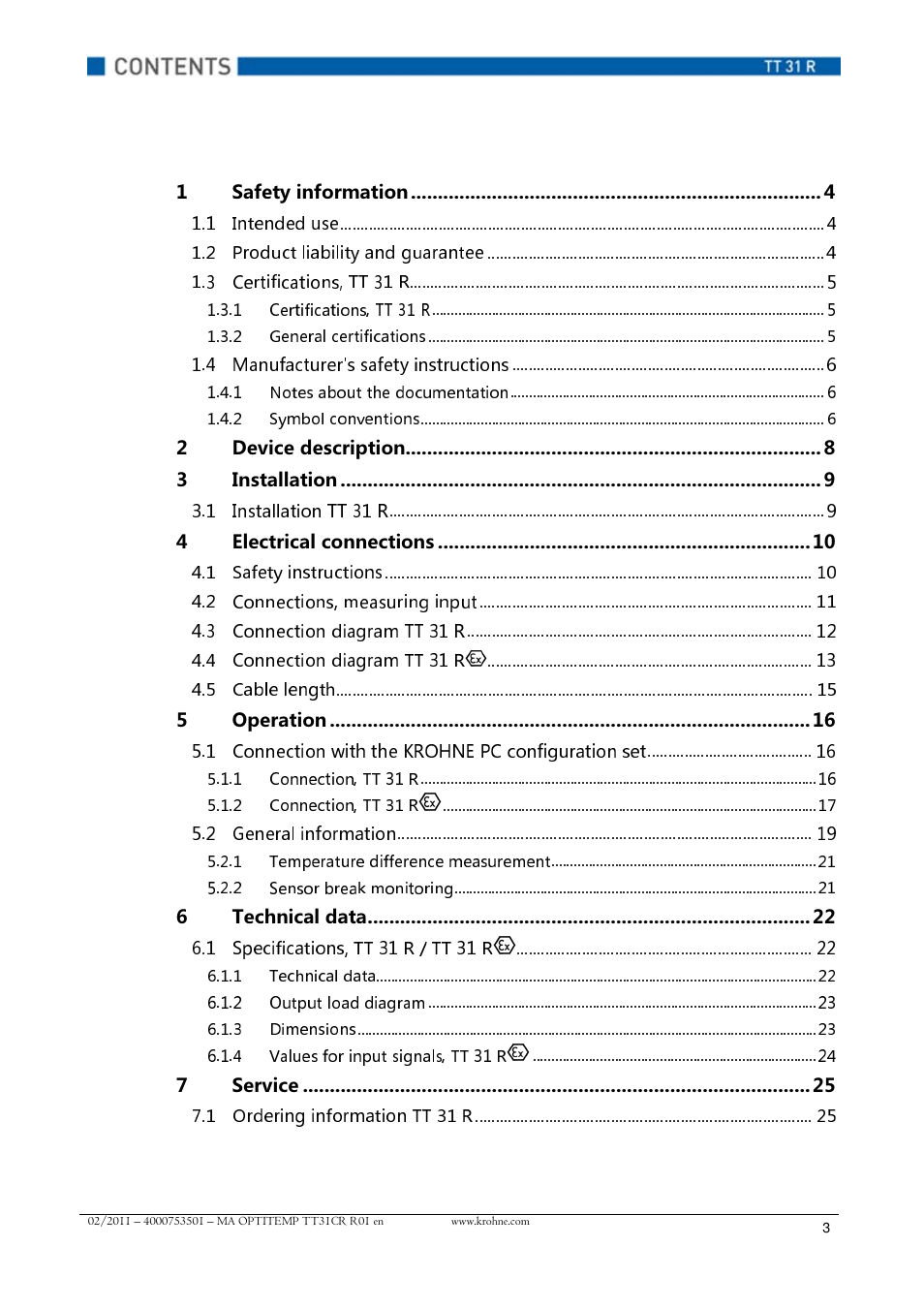 Intended use, Product liability and guarantee, Certifications, tt 31 r | Manufacturer's safety instructions, Installation tt 31 r, Safety instructions, Connections, measuring input, Connection diagram tt 31 r, Cable length, Connection with the krohne pc configuration set | KROHNE OPTITEMP TT 31 R EN User Manual | Page 3 / 28