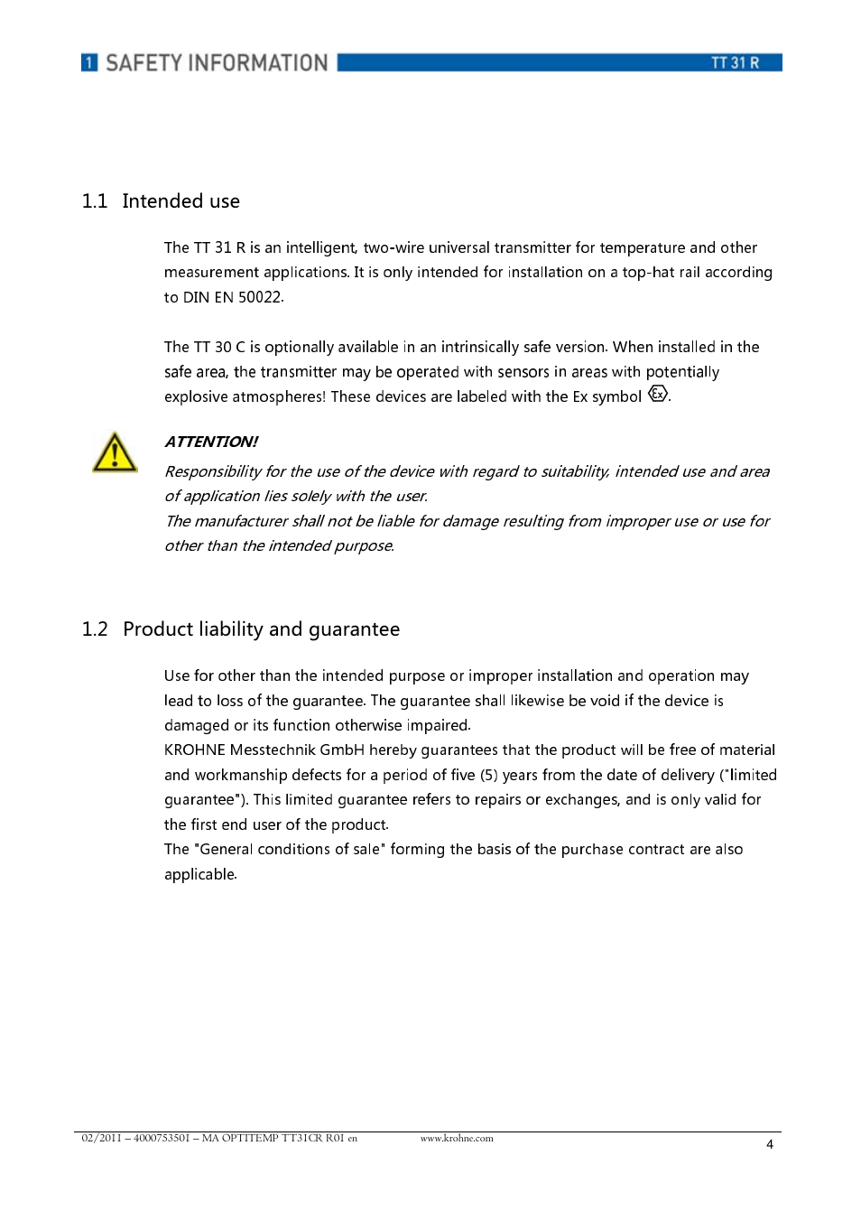 Attention, These devices are labeled with the ex symbol | KROHNE OPTITEMP TT 31 R EN User Manual | Page 4 / 28