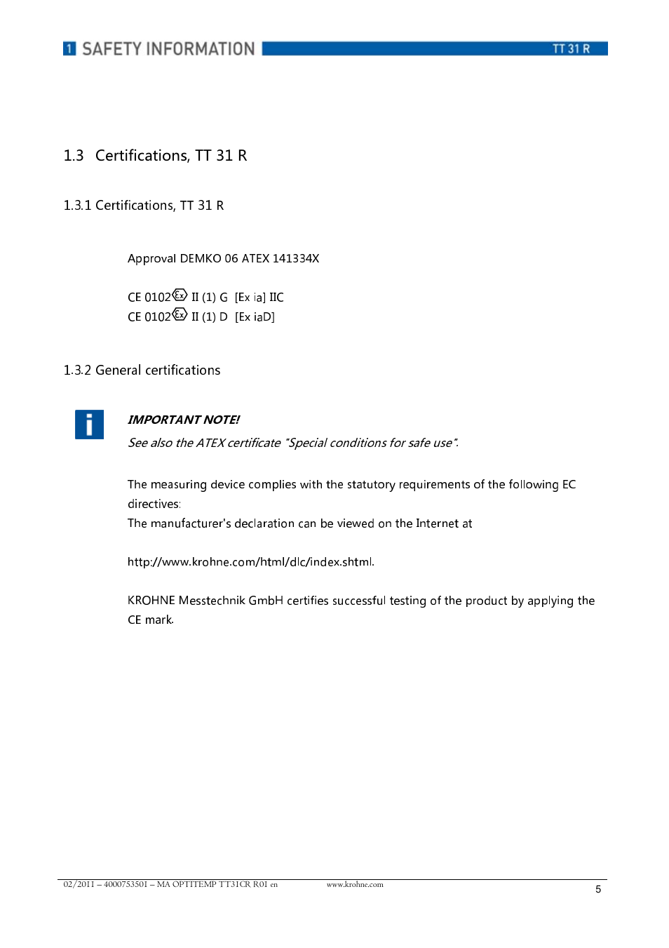 Certifications, tt 31 r, General certifications | KROHNE OPTITEMP TT 31 R EN User Manual | Page 5 / 28