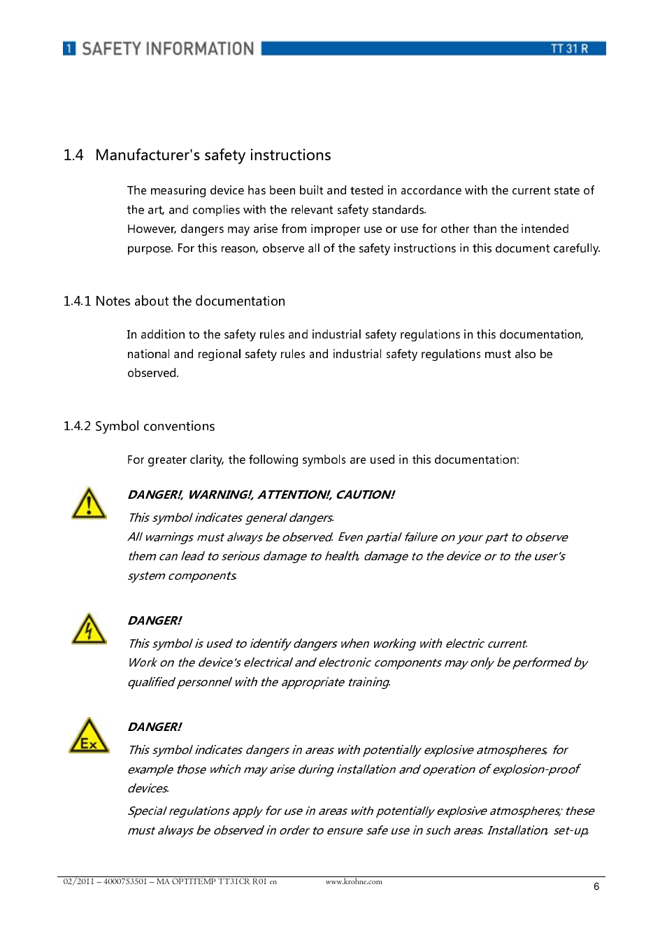 Symbol conventions, Danger!, warning!, attention!, caution, Danger | KROHNE OPTITEMP TT 31 R EN User Manual | Page 6 / 28