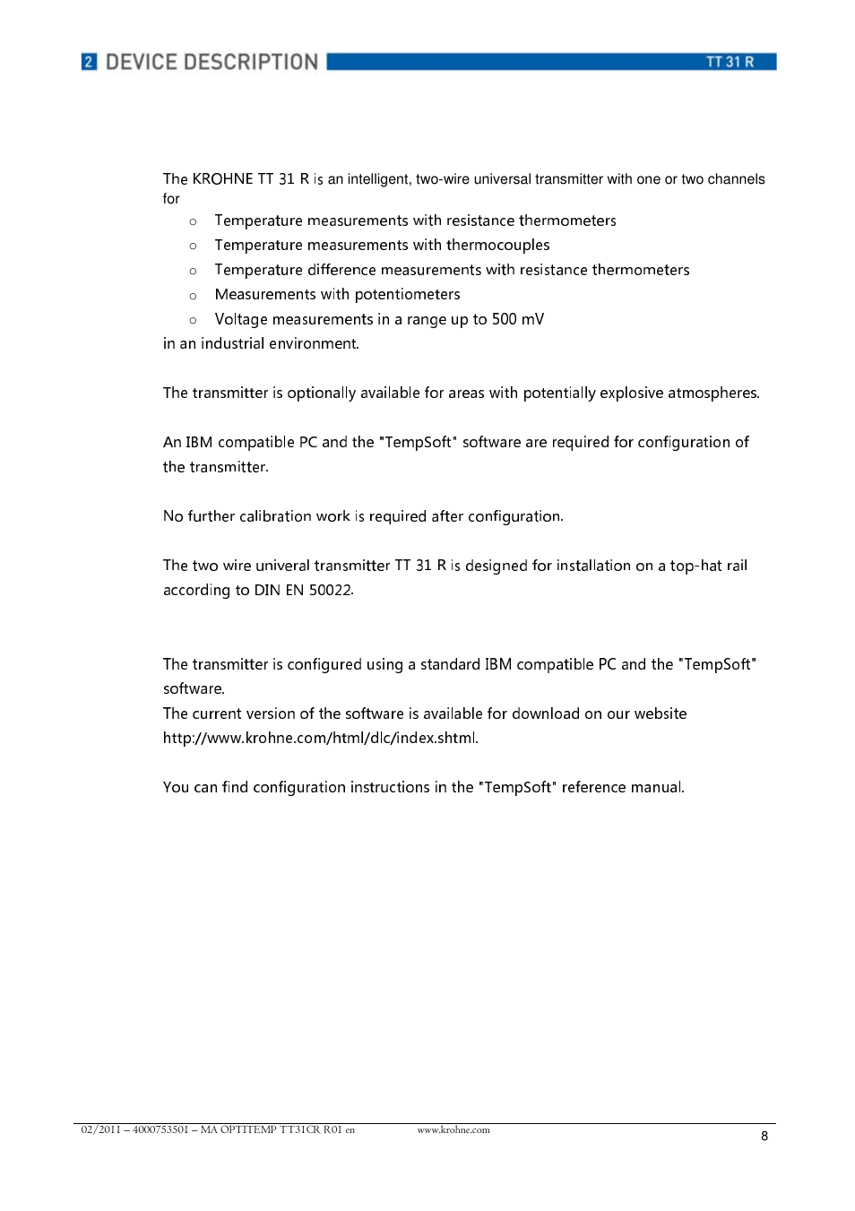 The krohne tt 31 r is, Temperature measurements with thermocouples, Measurements with potentiometers | KROHNE OPTITEMP TT 31 R EN User Manual | Page 8 / 28