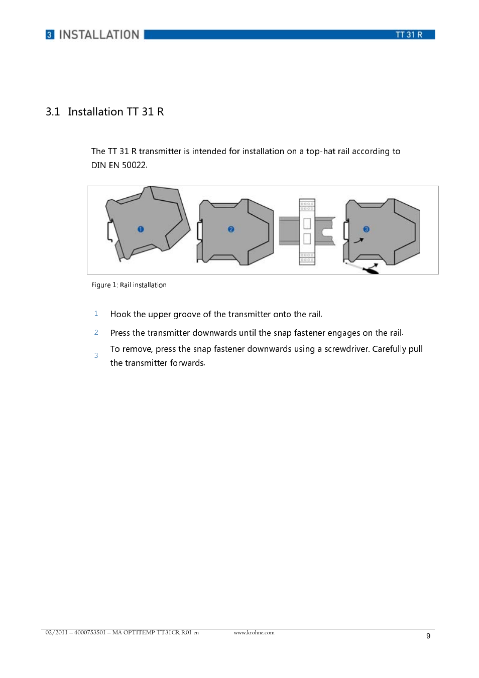 Carefully pull the transmitter forwards | KROHNE OPTITEMP TT 31 R EN User Manual | Page 9 / 28