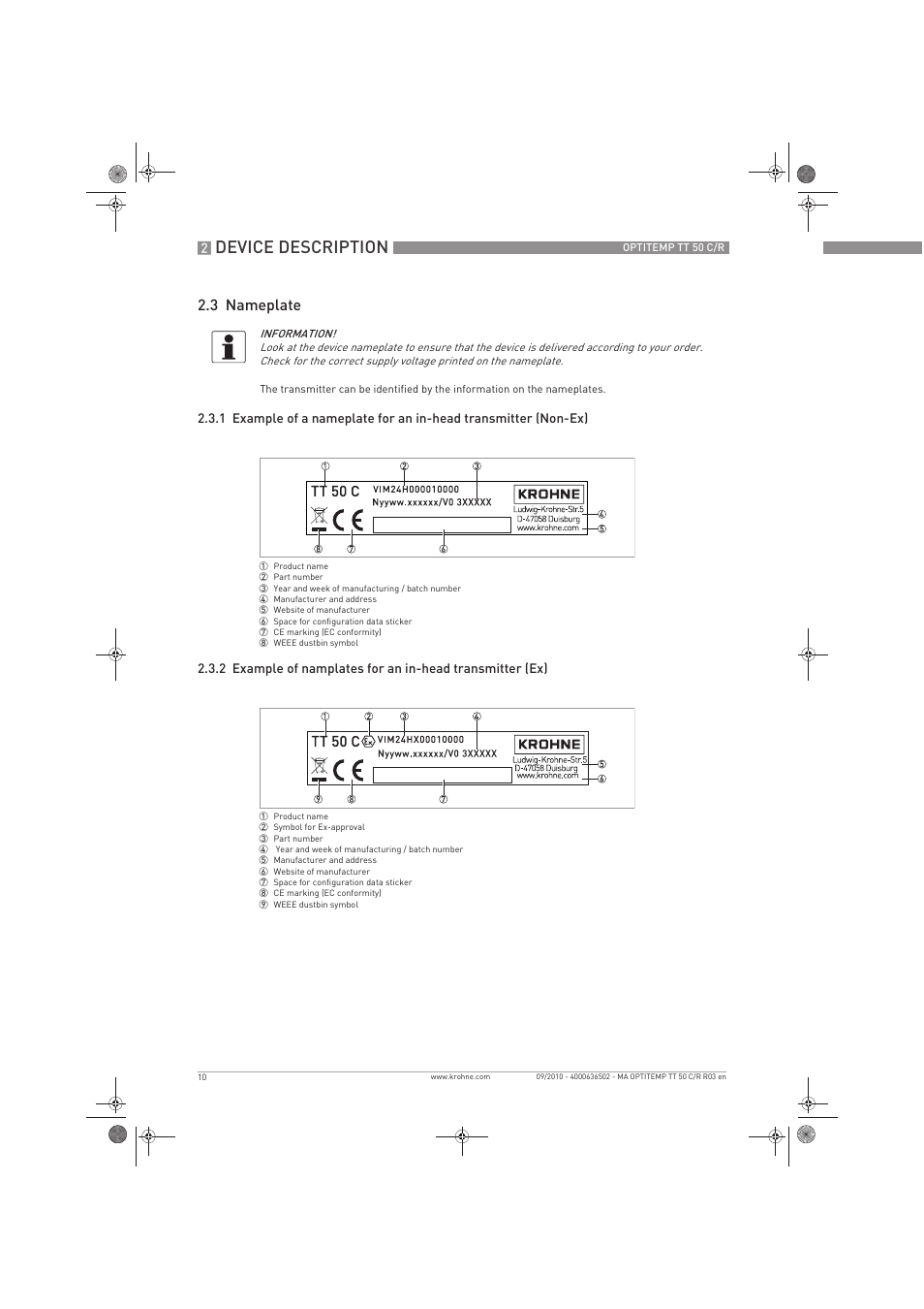 Device description, 3 nameplate | KROHNE OPTITEMP TT 50 C-R EN User Manual | Page 10 / 40