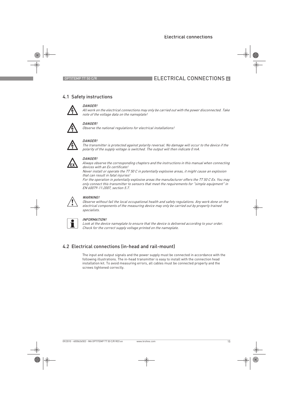 Electrical connections | KROHNE OPTITEMP TT 50 C-R EN User Manual | Page 15 / 40
