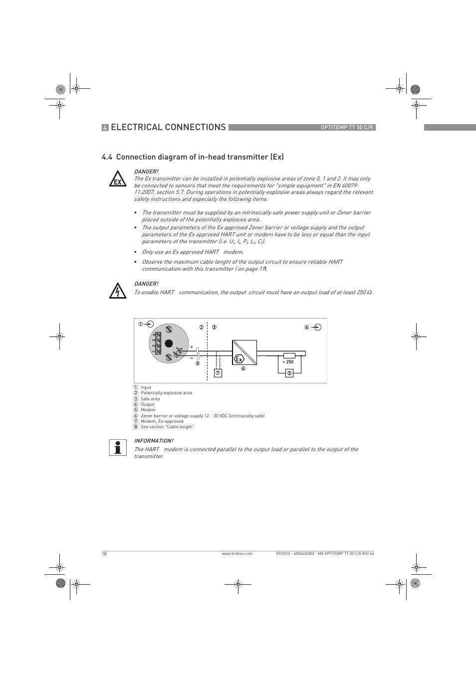 Electrical connections, 4 connection diagram of in-head transmitter (ex) | KROHNE OPTITEMP TT 50 C-R EN User Manual | Page 18 / 40