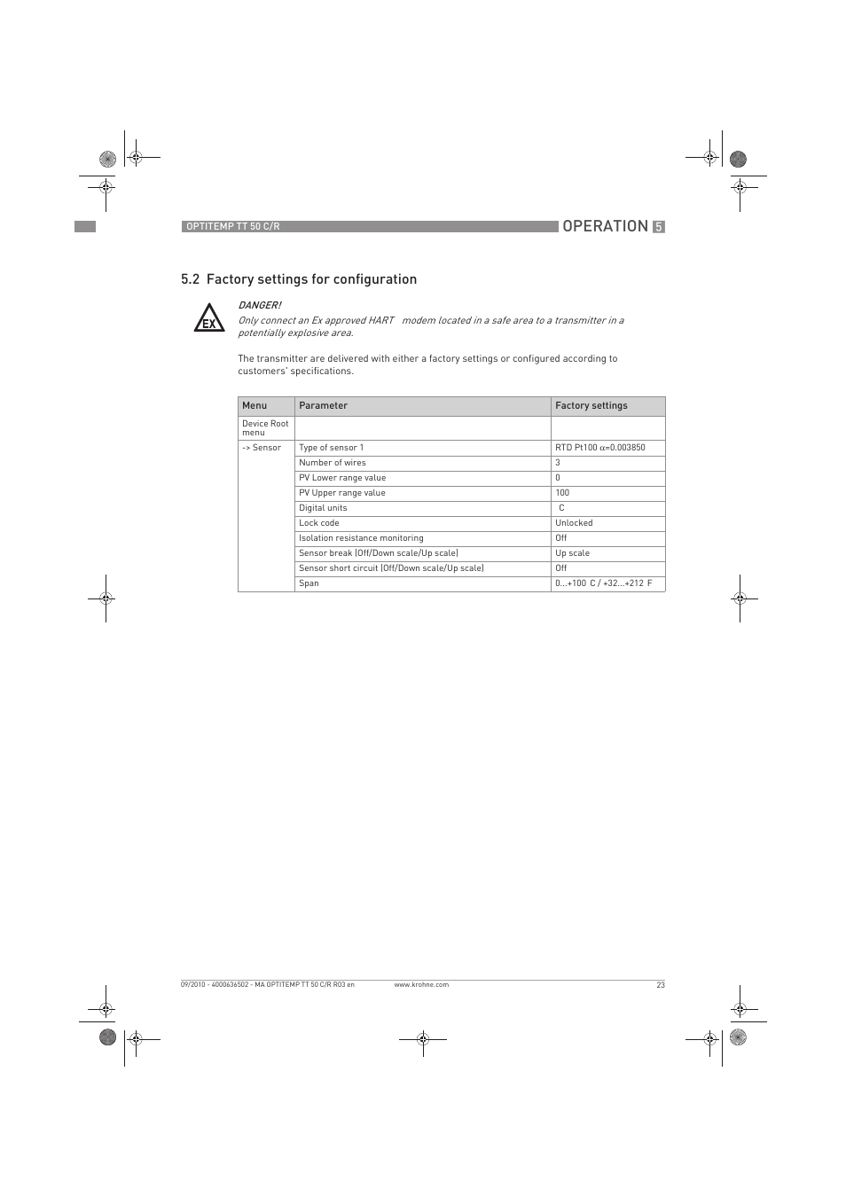 Operation, 2 factory settings for configuration | KROHNE OPTITEMP TT 50 C-R EN User Manual | Page 23 / 40
