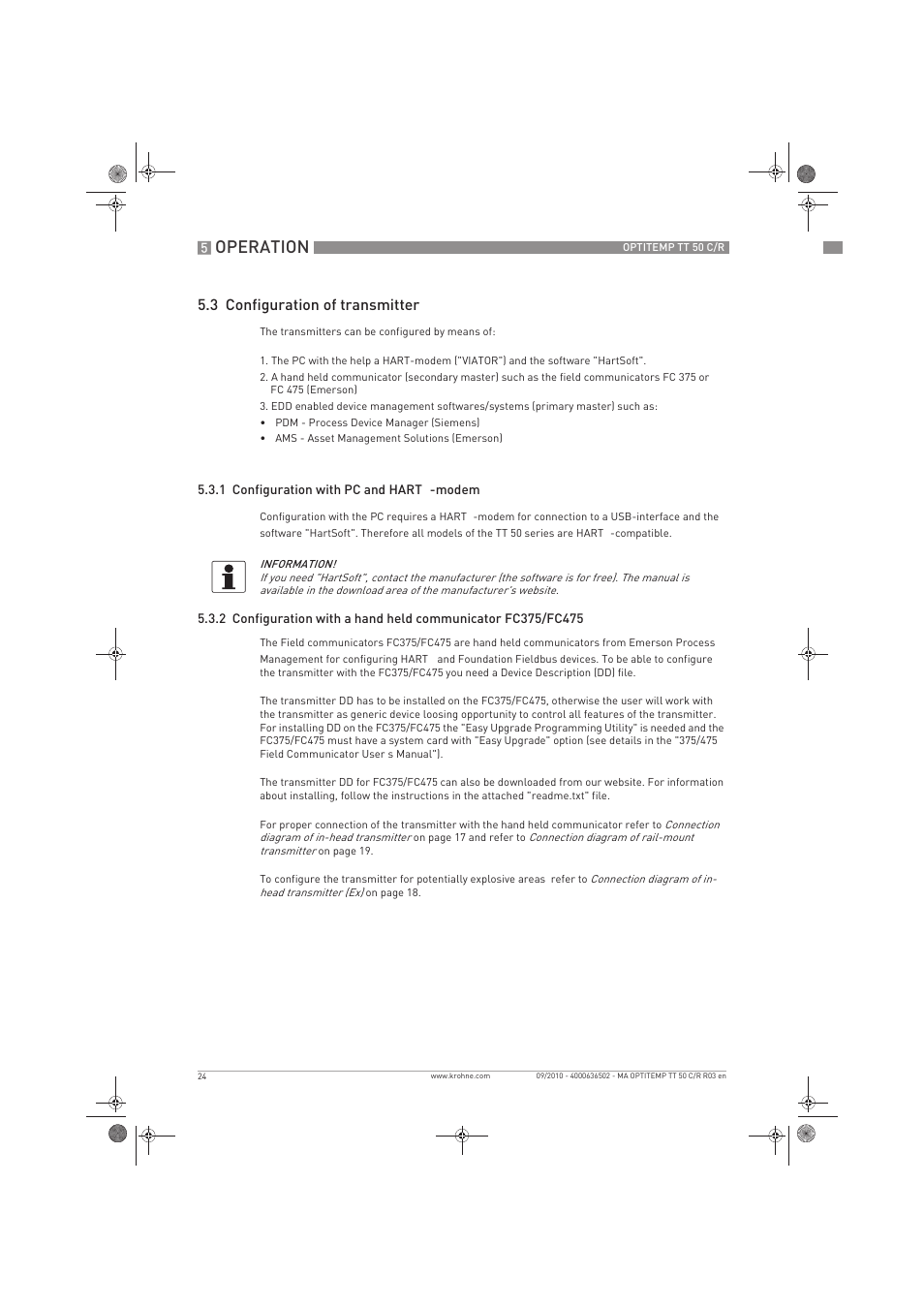 Operation, 3 configuration of transmitter | KROHNE OPTITEMP TT 50 C-R EN User Manual | Page 24 / 40