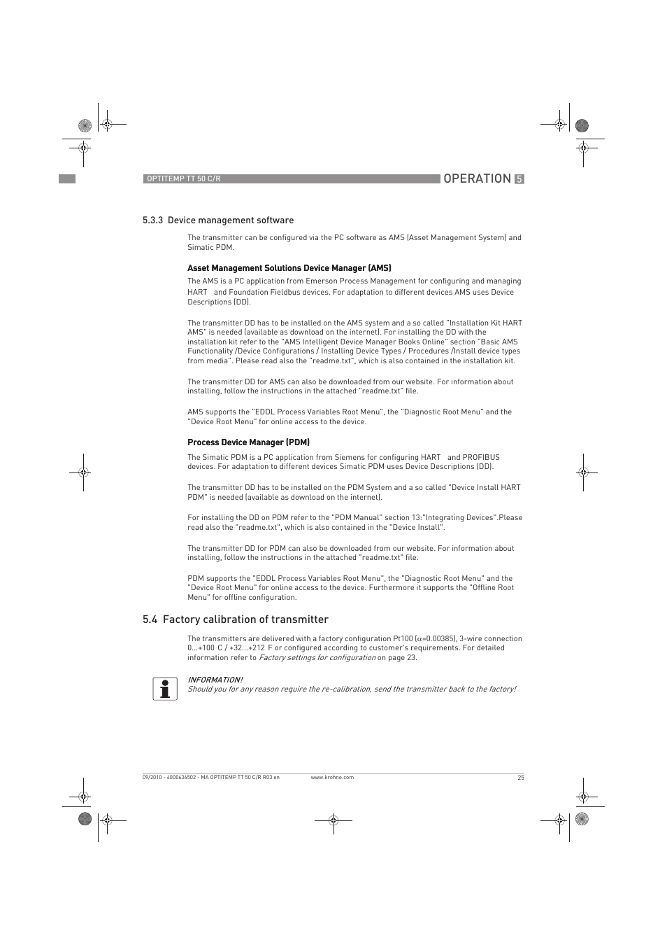 Operation, 4 factory calibration of transmitter | KROHNE OPTITEMP TT 50 C-R EN User Manual | Page 25 / 40