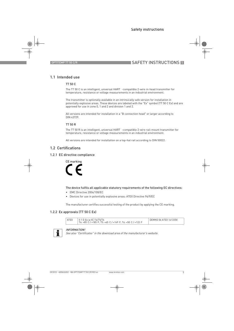 Safety instructions, Safety instructions 1.1 intended use, 2 certifications | KROHNE OPTITEMP TT 50 C-R EN User Manual | Page 5 / 40