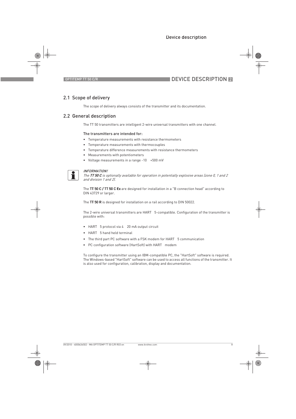 Device description, Device description 2.1 scope of delivery, 2 general description | KROHNE OPTITEMP TT 50 C-R EN User Manual | Page 9 / 40