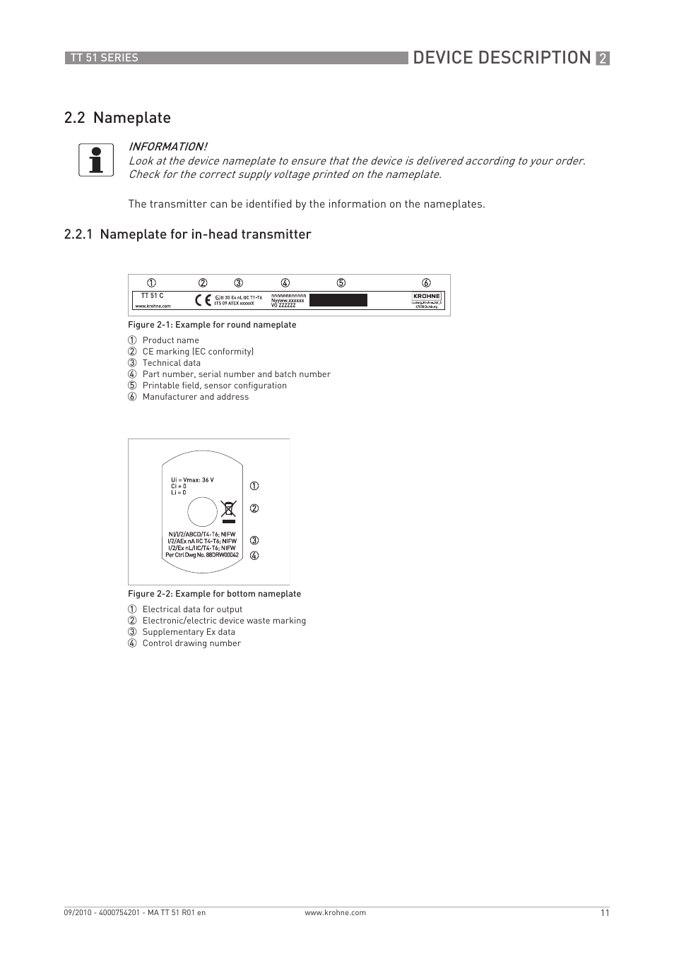 Device description, 2 nameplate, 1 nameplate for in-head transmitter | KROHNE OPTITEMP TT 51 EN User Manual | Page 11 / 52