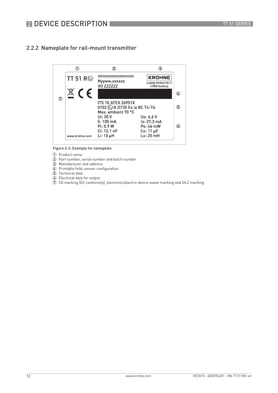 Device description, 2 nameplate for rail-mount transmitter | KROHNE OPTITEMP TT 51 EN User Manual | Page 12 / 52