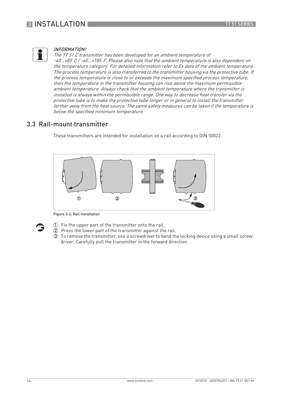 Installation, 3 rail-mount transmitter | KROHNE OPTITEMP TT 51 EN User Manual | Page 14 / 52