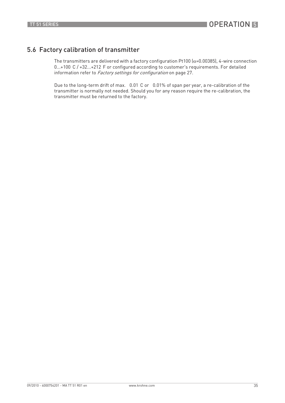 Operation, 6 factory calibration of transmitter | KROHNE OPTITEMP TT 51 EN User Manual | Page 35 / 52