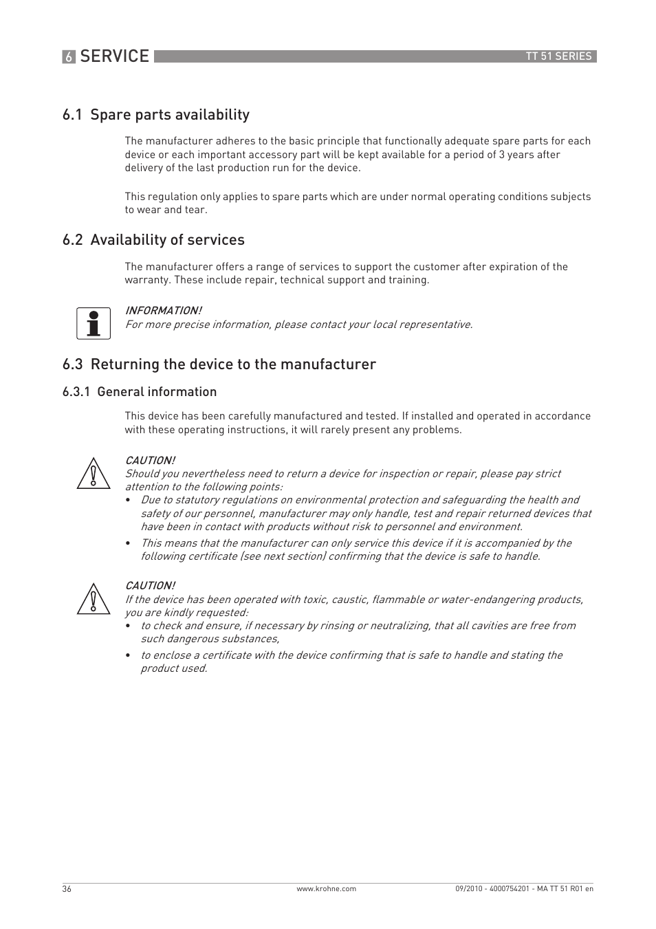 Service, 1 spare parts availability, 2 availability of services | 3 returning the device to the manufacturer | KROHNE OPTITEMP TT 51 EN User Manual | Page 36 / 52