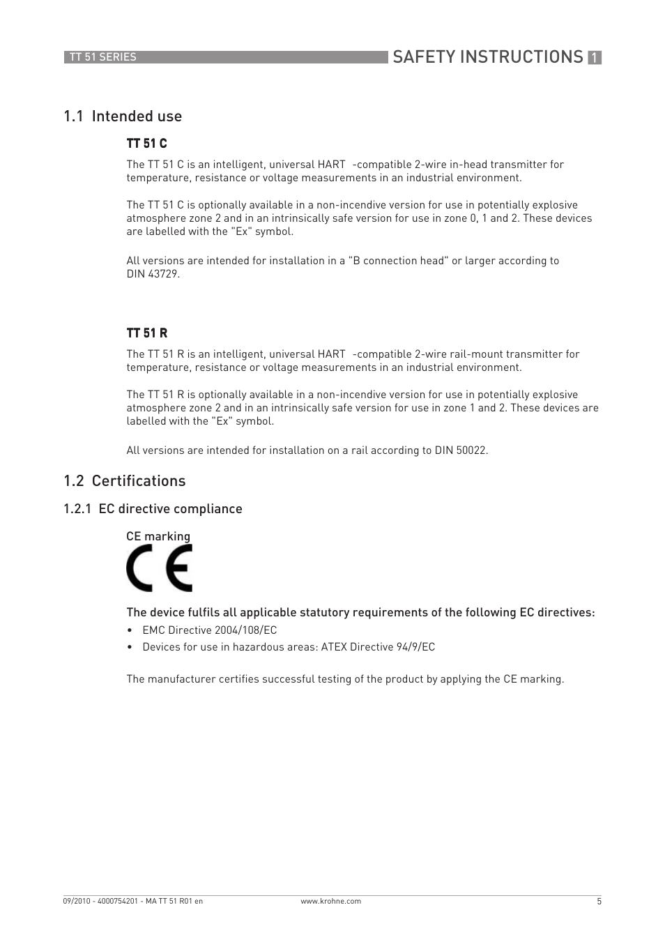 Safety instructions, 1 intended use, 2 certifications | KROHNE OPTITEMP TT 51 EN User Manual | Page 5 / 52