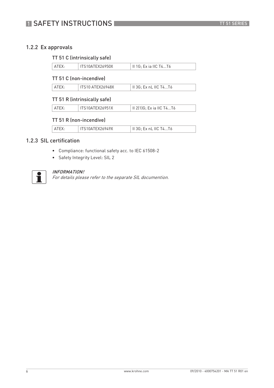 Safety instructions, 2 ex approvals, 3 sil certification | KROHNE OPTITEMP TT 51 EN User Manual | Page 6 / 52