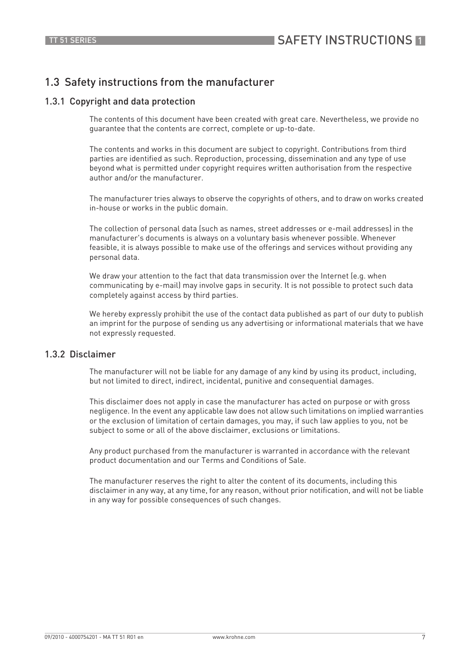 Safety instructions, 3 safety instructions from the manufacturer | KROHNE OPTITEMP TT 51 EN User Manual | Page 7 / 52