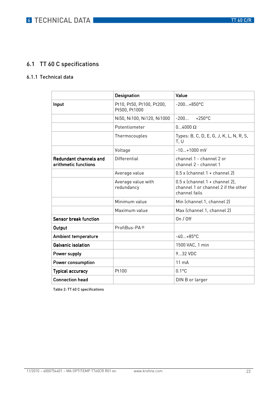 1 tt 60 c specifications | KROHNE OPTITEMP TT 60 C-R EN User Manual | Page 22 / 32