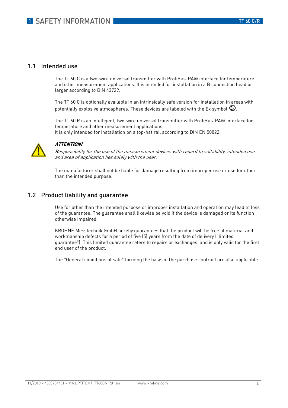 1 intended use, 2 product liability and guarantee | KROHNE OPTITEMP TT 60 C-R EN User Manual | Page 4 / 32