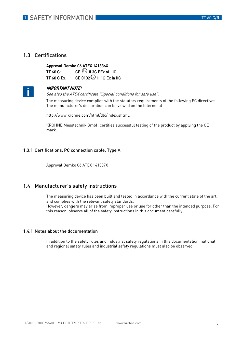 3 certifications, 4 manufacturer's safety instructions | KROHNE OPTITEMP TT 60 C-R EN User Manual | Page 5 / 32