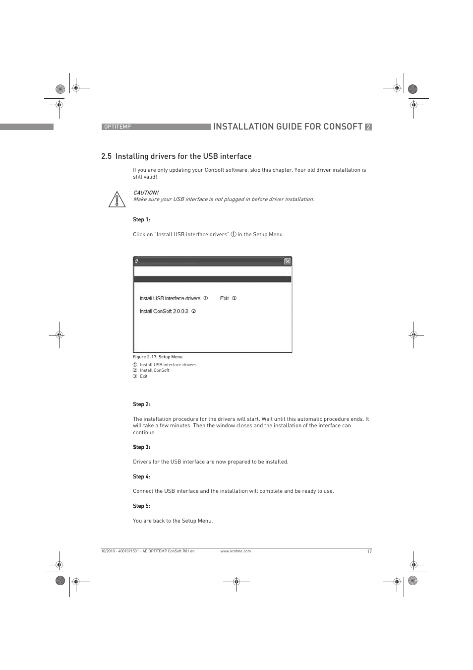 Installation guide for consoft, 5 installing drivers for the usb interface | KROHNE OPTITEMP ConSoft TT 20-51 EN User Manual | Page 17 / 24