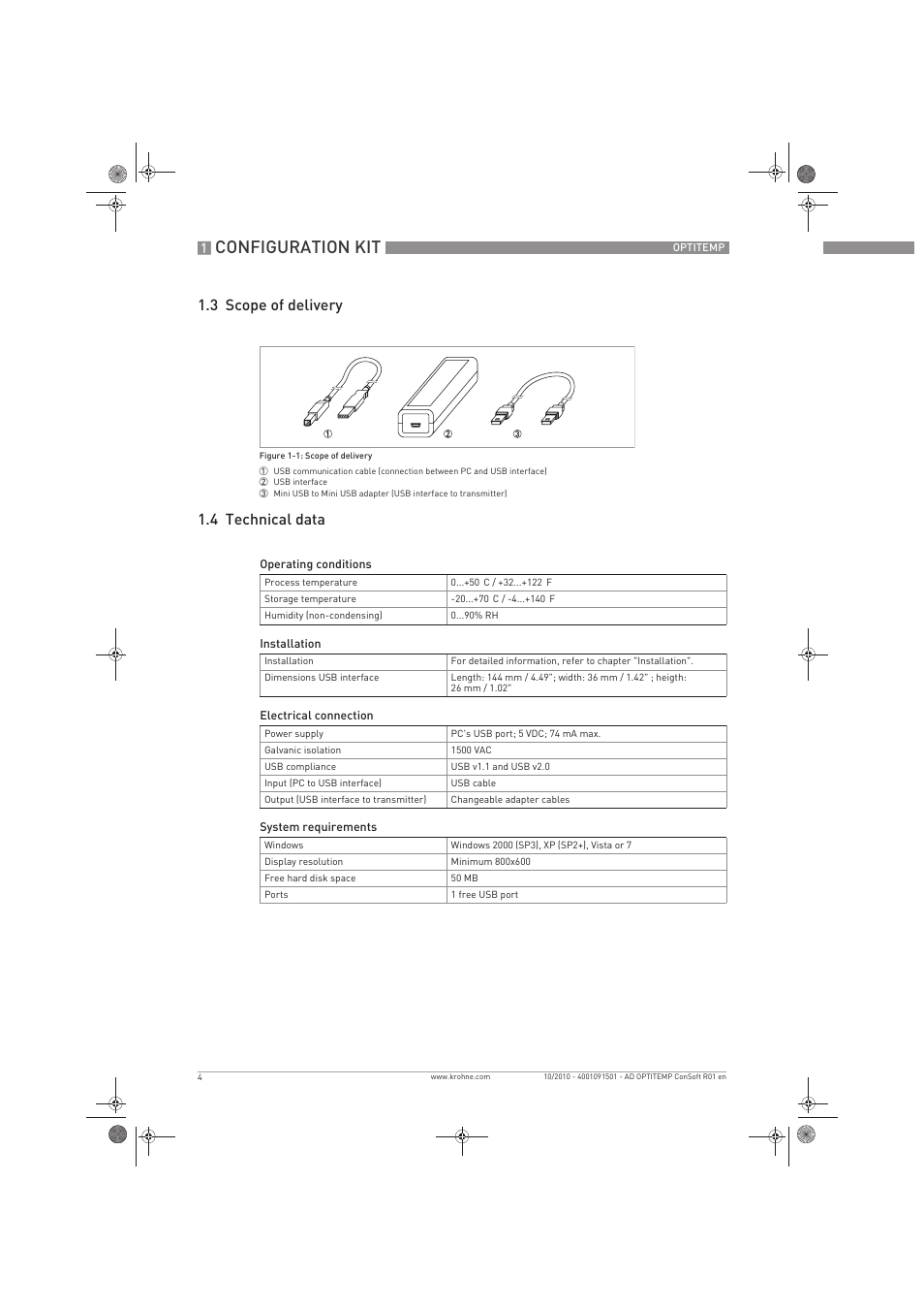 Configuration kit, 3 scope of delivery 1.4 technical data | KROHNE OPTITEMP ConSoft TT 20-51 EN User Manual | Page 4 / 24