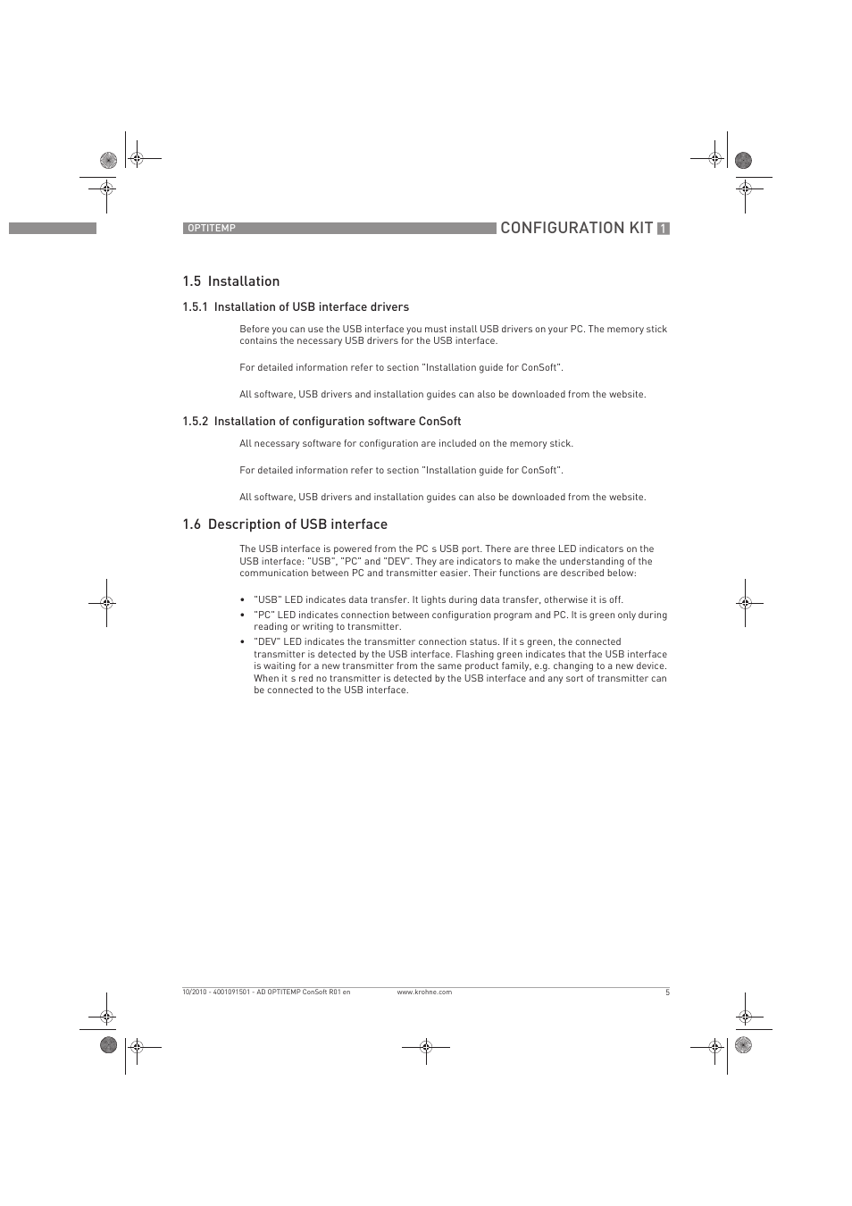 Configuration kit, 5 installation, 6 description of usb interface | KROHNE OPTITEMP ConSoft TT 20-51 EN User Manual | Page 5 / 24