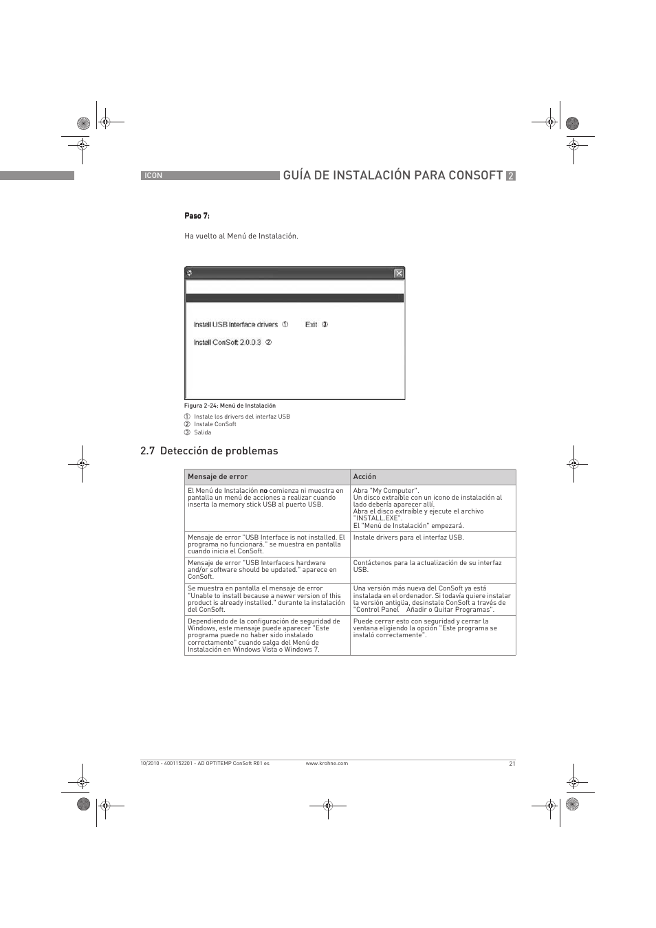 Guía de instalación para consoft, 7 detección de problemas | KROHNE OPTITEMP ConSoft TT 20-51 ES User Manual | Page 21 / 24