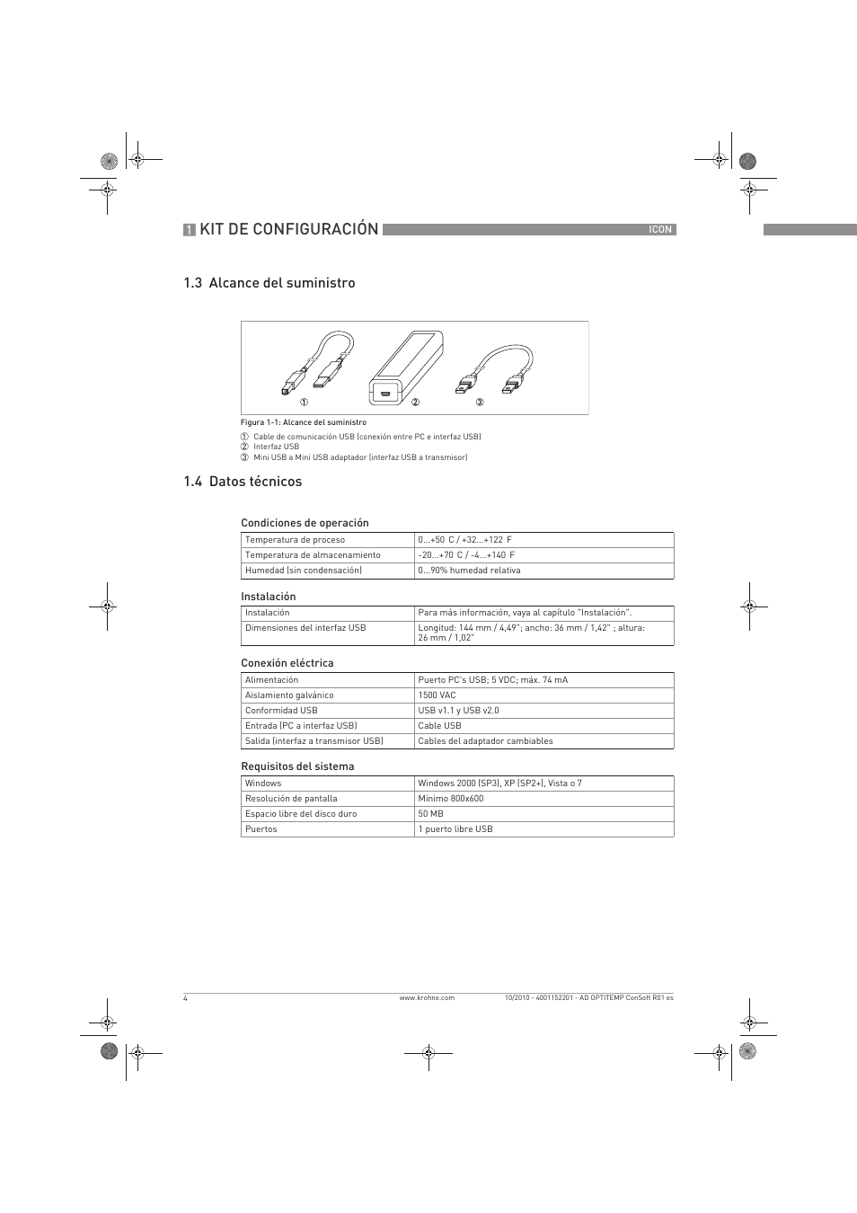 Kit de configuración, 3 alcance del suministro 1.4 datos técnicos | KROHNE OPTITEMP ConSoft TT 20-51 ES User Manual | Page 4 / 24