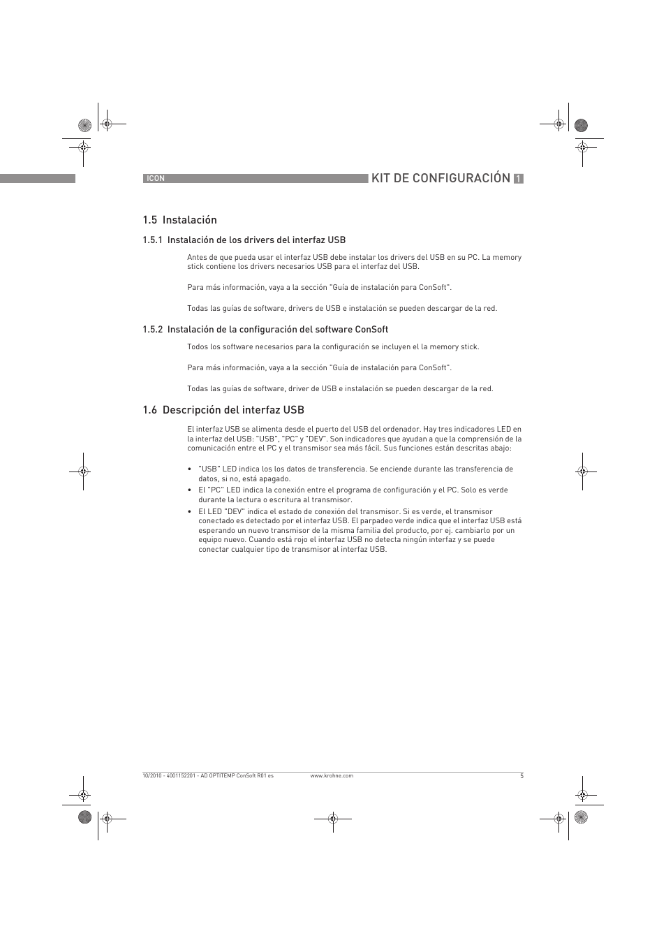 Kit de configuración, 5 instalación, 6 descripción del interfaz usb | KROHNE OPTITEMP ConSoft TT 20-51 ES User Manual | Page 5 / 24