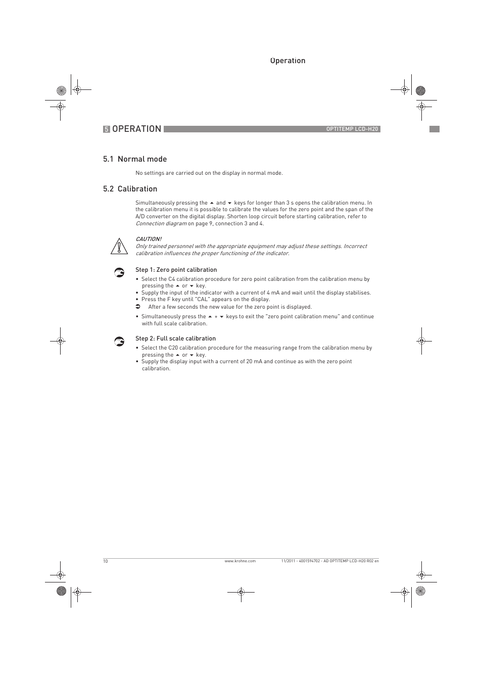 Operation, Operation 5.1 normal mode, 2 calibration | KROHNE OPTITEMP LCD-H20 EN User Manual | Page 10 / 12
